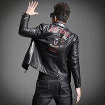 Mens coat leather clothing Haining new trend leather autumn and winter lapel short motorcycle embroidery slim sheepskin jacket