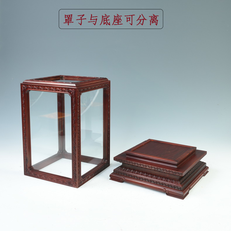 Pianology picking Africa red acid branch treasure cage the glass dust cover the wooden base, transparent display cover figure of Buddha base frame