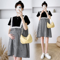 Pregnancy Woman Dress Summer Clothes Han Edition New Tidal Moms Fashion Minus-age lace splicing plaid gestation Short sleeves Dress Summer