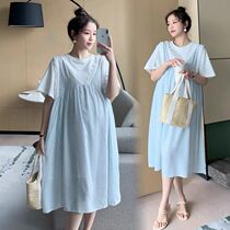 Pregnancy Woman Dress Summer Dress 2022 Summer New Ocean Air Snowspun Broken Flower Splicing Mid-Length Fake Two Pregnant Woman Dress Dress