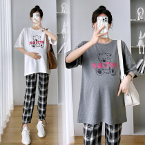 Pregnant Woman Suit Summer Dress New Loose Big Code Cartoon Pure Cotton T-shirt Grid Pants Net Infrared wearing short sleeves Two sleeves
