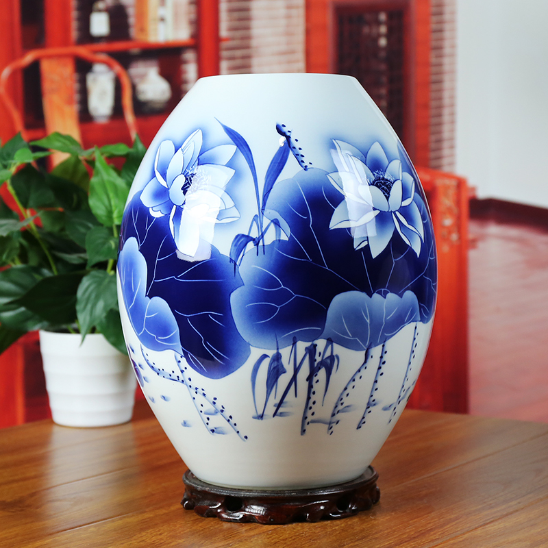 Jingdezhen ceramic vase peony modern blue and white porcelain painting lotus home sitting room place, a classic gift