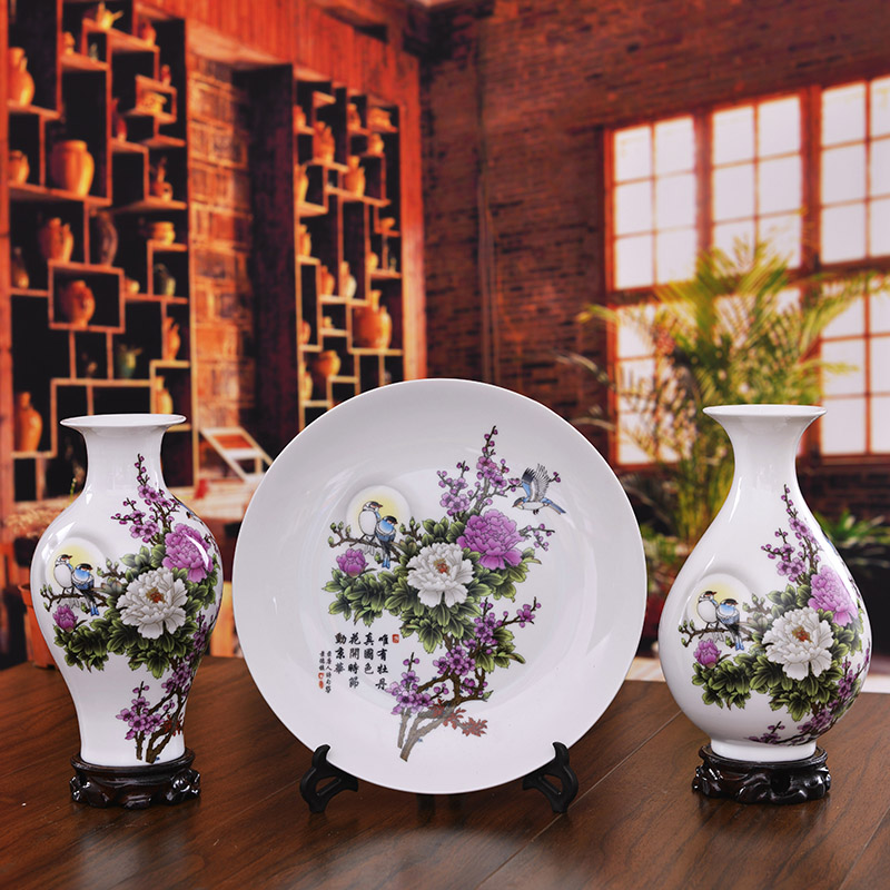 Jingdezhen ceramics three - piece enamel vase sitting room decoration plate home furnishing articles wedding gift