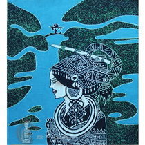 Miao Artisanal Wax Dyeing Decorative Painting Batik photo-frame Core Featured Handicraft Mountain Road Bend 40x45cm