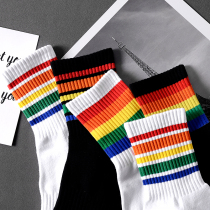 (4 double) Mens black and white pure color rainbow socks High-barrel trendy street teenagers high waist hip hop sports socks