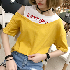 实拍韩版宽松 字母刺绣露肩 假两件短袖T恤上衣 学生 女