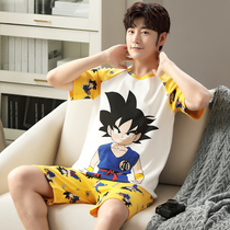 Mens pajamas summer short sleeve cotton cartoon teenagers thin home clothes summer mens large size cotton set