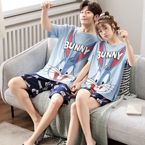 Couple pajamas summer short-sleeved pure cotton cartoon long-eared rabbit home costume men and women downsizing can be worn outside