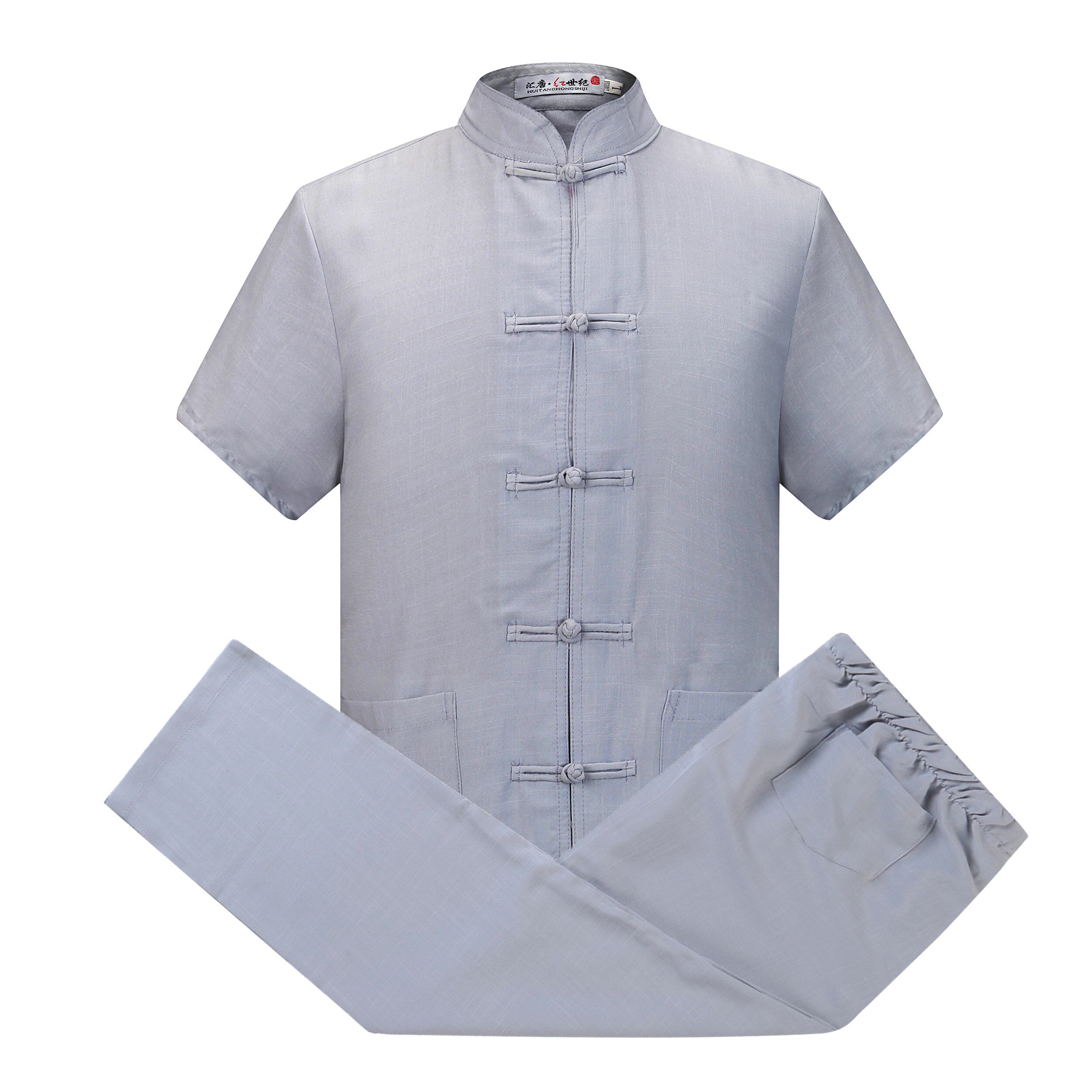 中式民族复古短袖套装唐装中老年夏季薄款加肥加大码棉麻纯色衬衫_不