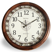 Oak solid wood villa silent wall clock American European retro quartz clock Large clock Chinese antique hollow
