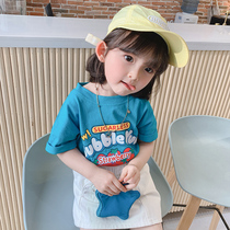  Girls Cartoon short-sleeved T-shirt Spring 2021 childrens solid color letter bottoming shirt baby round neck half sleeve top 7