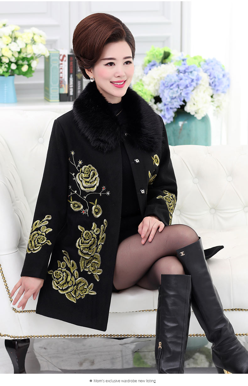 【雪夕旗舰店】中老年女装秋冬毛呢绣花外套40-50岁中长款妈妈装带毛
