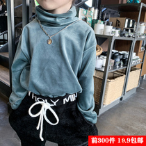 2021 autumn and winter new Korean childrens clothing boys base shirt velvet pile collar long-sleeved T-shirt solid color Western style high collar