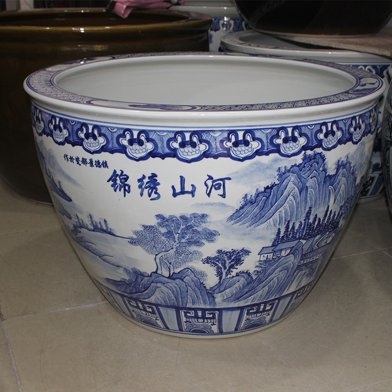 Jingdezhen ceramic basin of blue and white fish tank large ground sitting room lucky koi lotus and water lily old courtyard vats