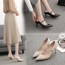 Beige fairy high heels soft leather does not grind the feet 2021 spring and summer net red fine heel word buckle belt wild light-colored single shoes