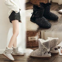 Sequined snow boots womens 2020 new mid-tube velvet thickened autumn and winter cotton shoes female students warm net red boots