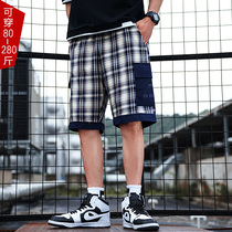 Summer Plaid tooling shorts mens five-point pants plus fat plus size fat 6-point 5-point casual pants trend middle pants