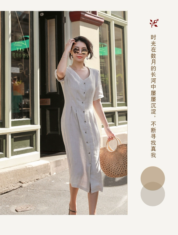 Váy linen ngắn tay mới mùa hè mỏng và tính khí Phong cách Hàn Quốc dài giữa lưng cao cổ chữ V cotton và váy linen dài - Váy eo cao