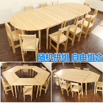 Solid wood kindergarten tables and chairs art training class combination table can be spliced desks and chairs childrens games handmade custom