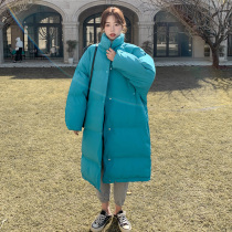2021 Winter new blue down cotton jacket womens long knee collar casual thick padded jacket bread