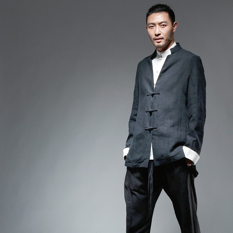 归心设计师原创秋装中国风男装外套新中式亚麻休闲长袖衬衫唐装男