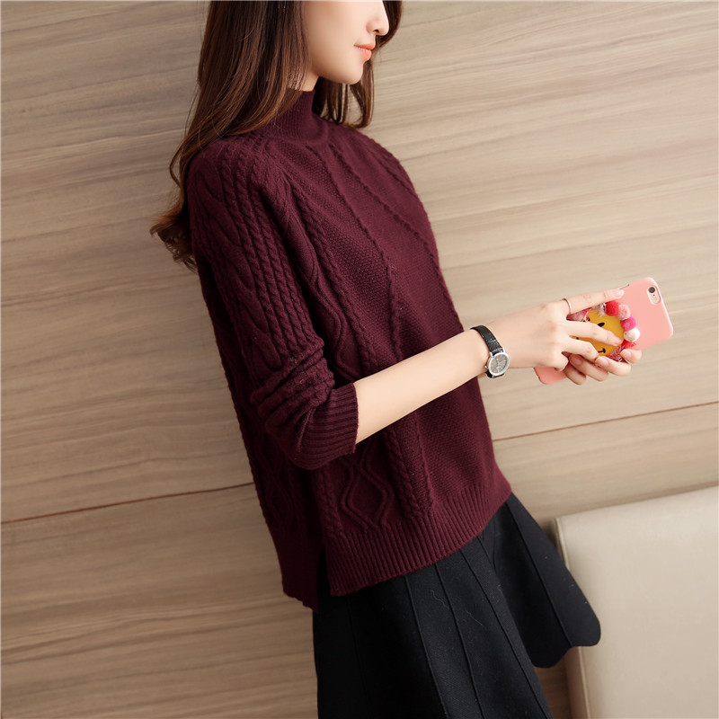 半高领秋装季套头毛衣女秋冬韩版宽松上衣下摆开叉麻花短款针织衫