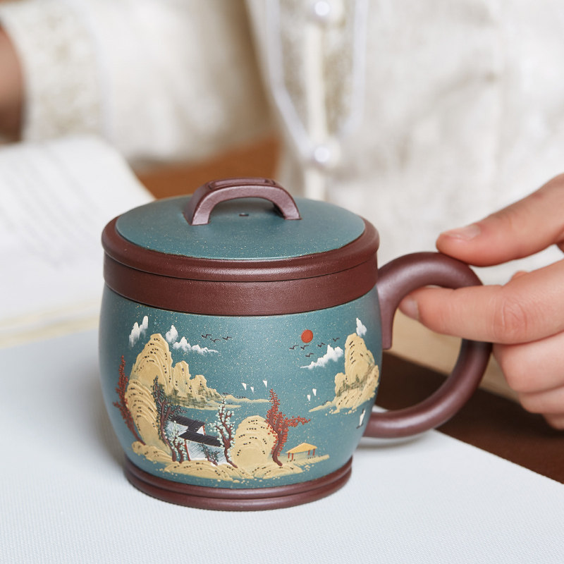 紫砂泡茶杯原矿紫泥泥绘盖杯办公大容量带把杯子陶瓷水杯