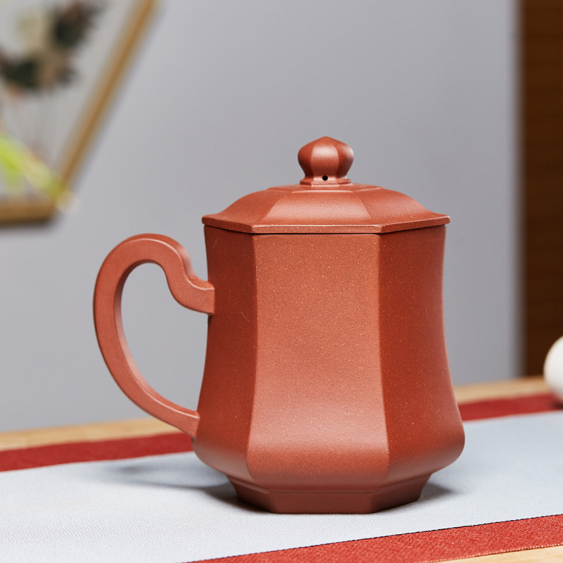 紫砂杯六方兰花泡茶杯大容量带盖水杯子陶瓷办公家用茶具