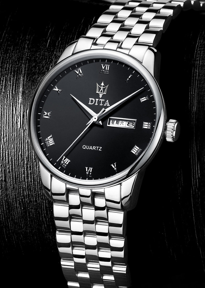 迪塔手表男 表防水时尚潮流休闲真皮精钢带男士腕表学生石英表 sd