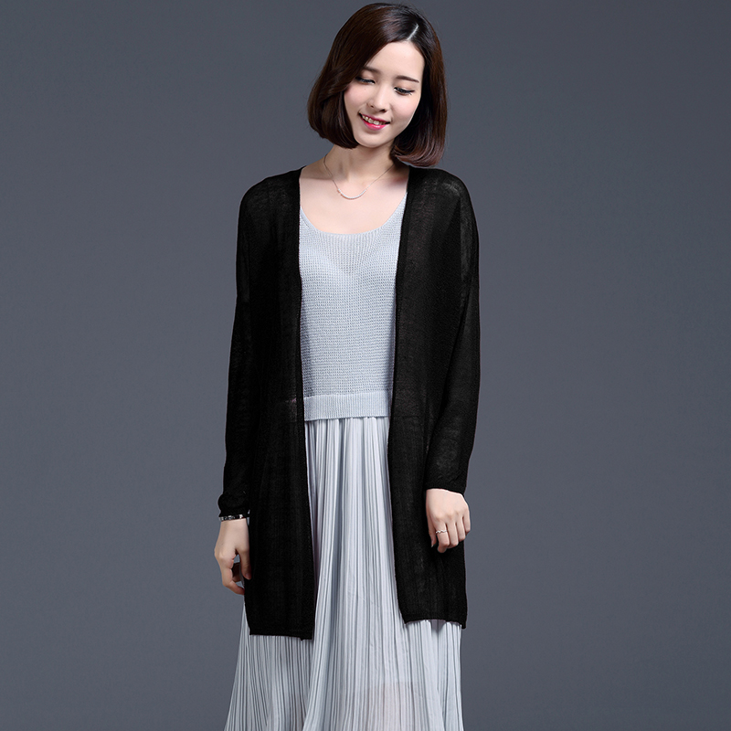 亚麻针织衫女开衫空调衫中长款春秋长袖外搭夏