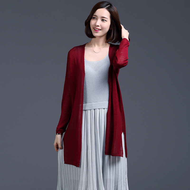 亚麻针织衫女开衫空调衫中长款春秋长袖外搭夏