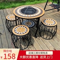 Outdoor mosaic barbecue table and chair combination European wrought iron outdoor courtyard leisure carbon barbecue table rack household barbecue rack