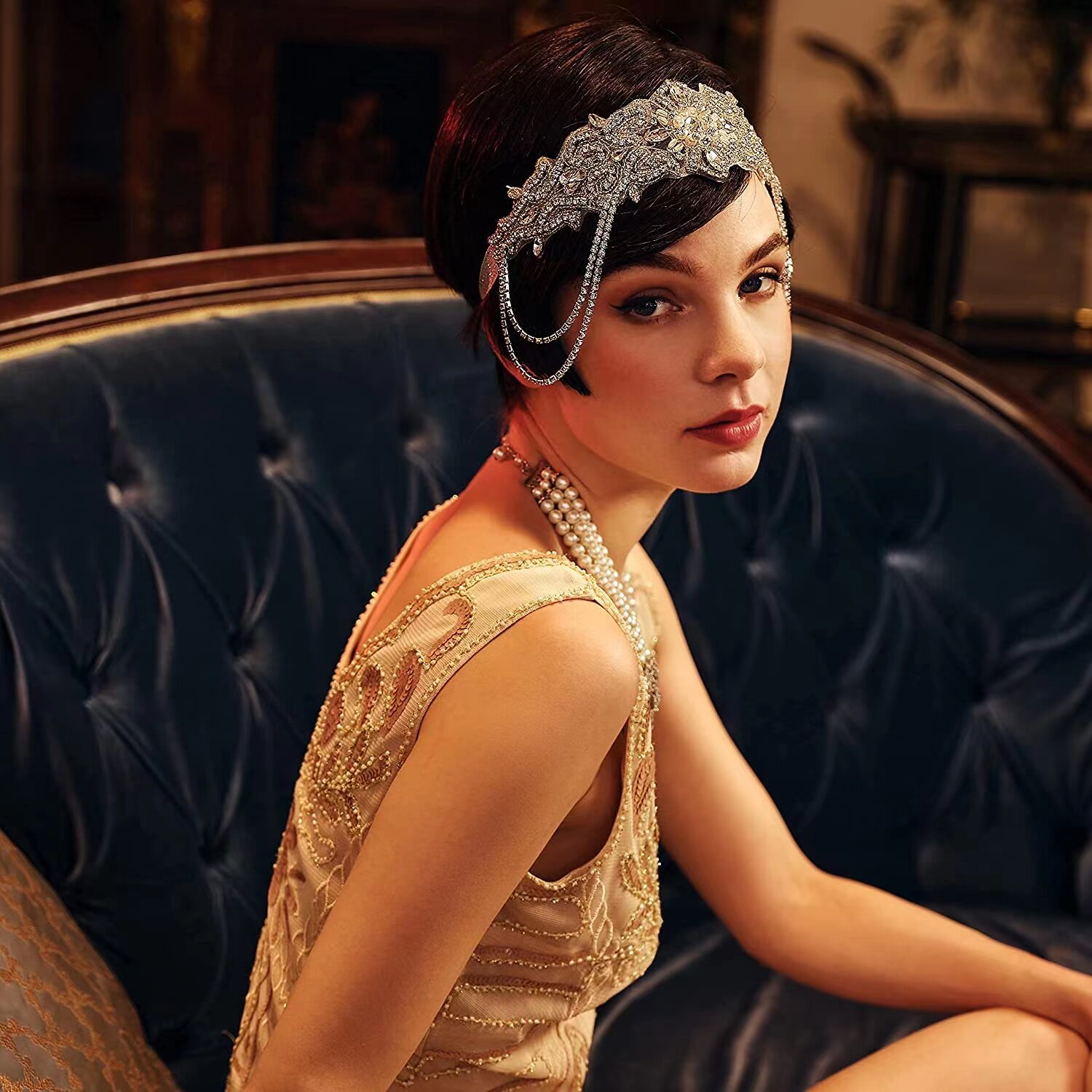 新款复古盖茨比水钻新娘头带1920s flapper headpiece发带头饰女