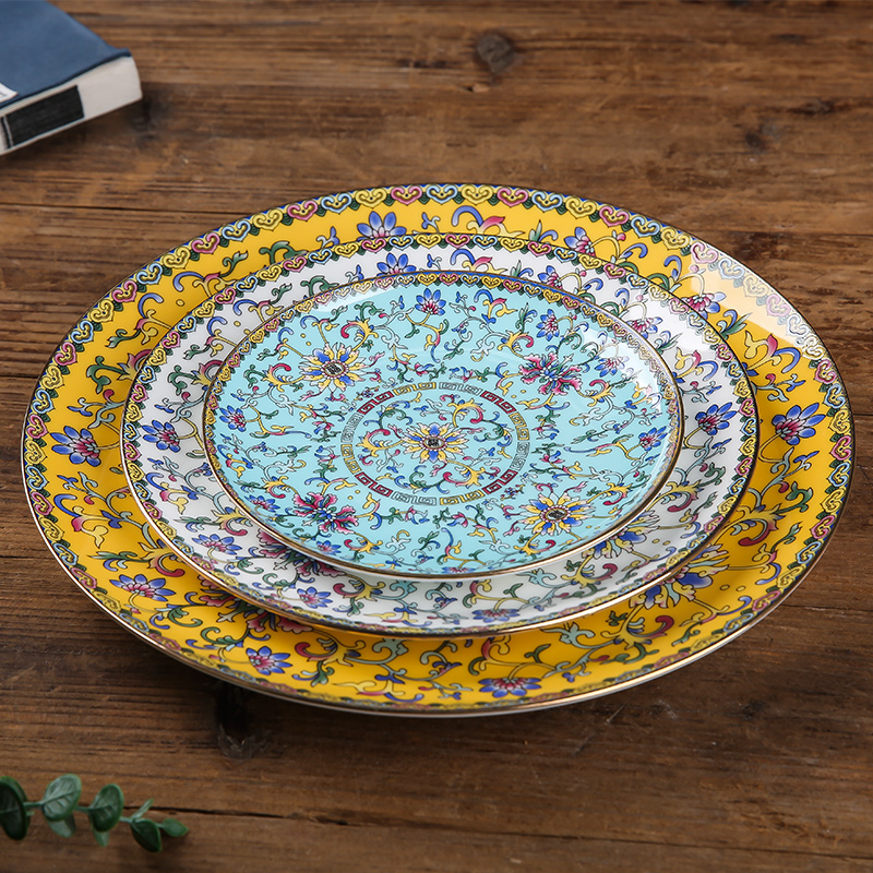 Steak enamel Mosaic gold plate edge ceramic round western home dishes shallow dish dish dish of Pacific Ocean plate