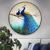 American entrance wall painting New Chinese restaurant round frame decorative painting Blue peacock three-dimensional abstract hand-painted oil painting