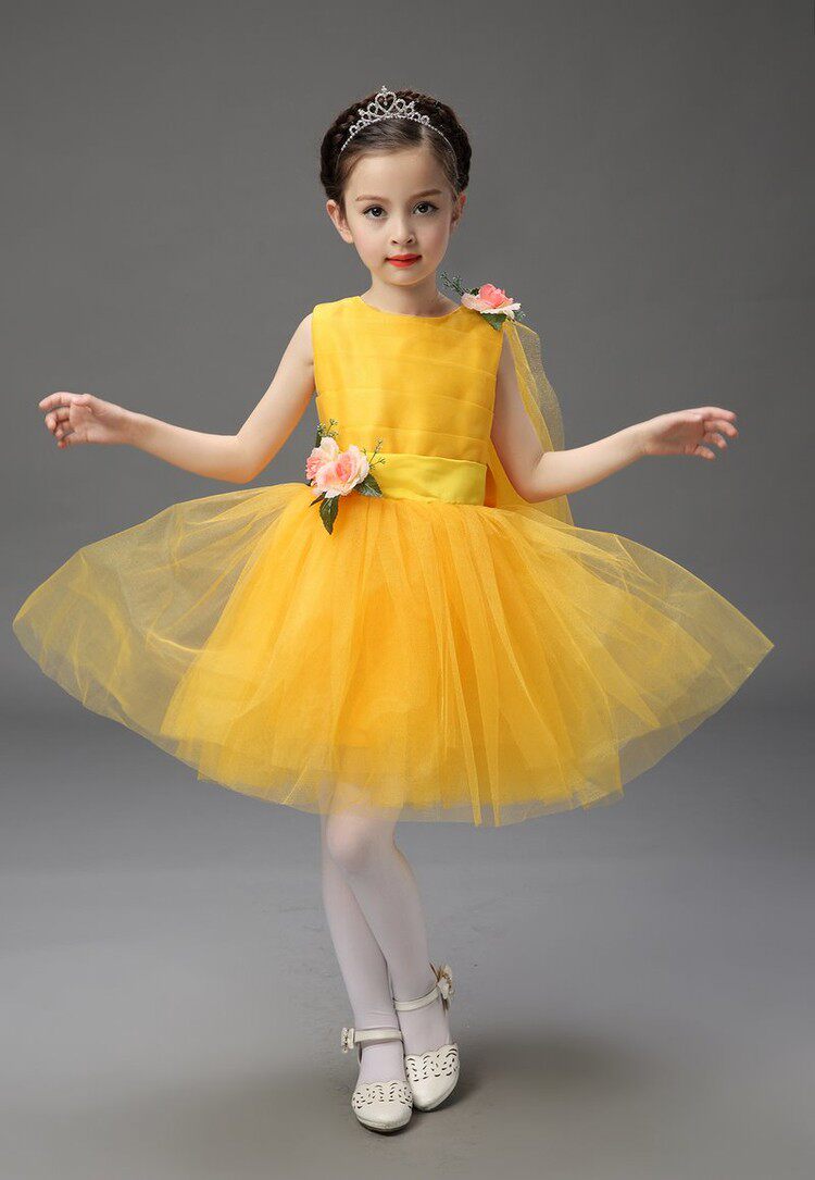元旦黄色女童连衣裙儿童蓬蓬裙幼儿园小女孩舞蹈表演大合唱服朗诵