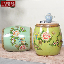 New Chinese style solid wood shoe change stool Hand-painted sofa round stool small bench creative living room furniture painted cowhide drum stool