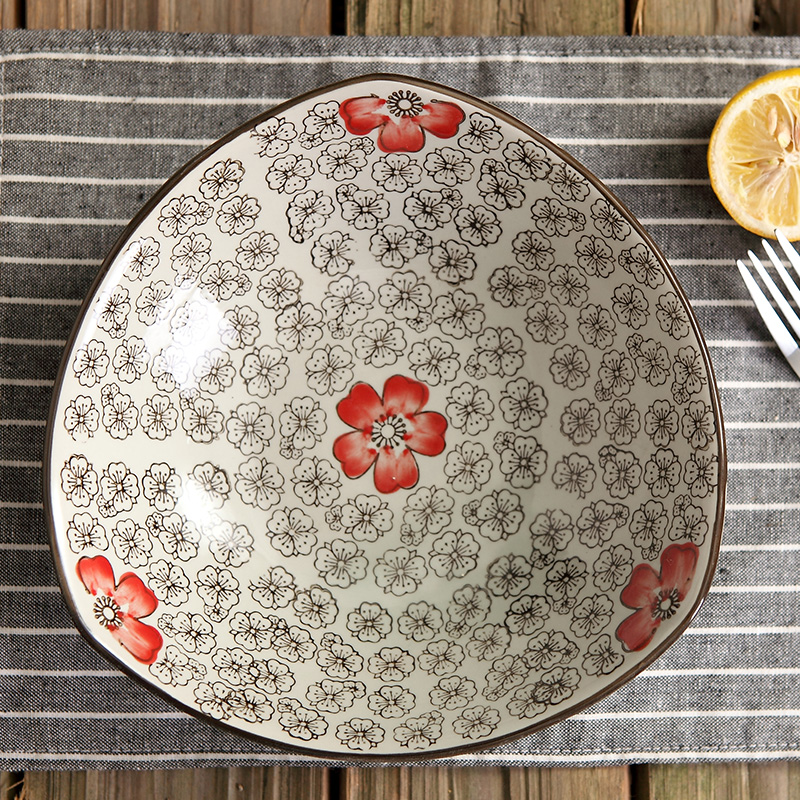 Japanese ceramics 9 - inch triangle plate and the wind creative dishes FanPan fruit platter under glaze color hand - made of plates