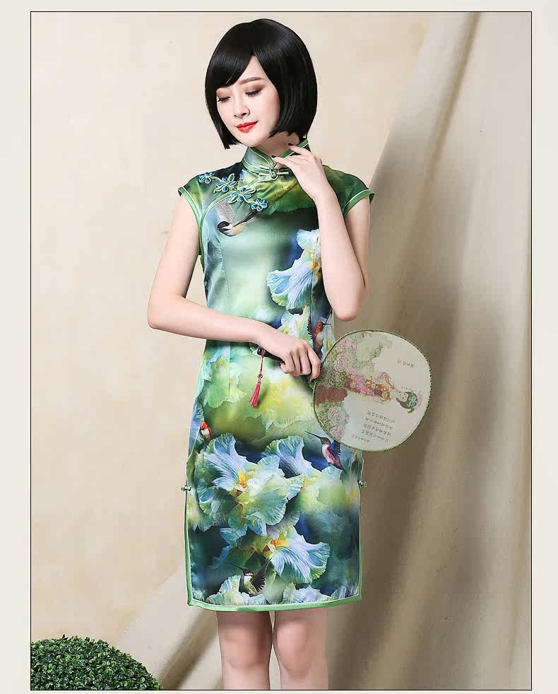 真丝缘重磅真丝女士旗袍裙2016夏新款短款修身优雅桑蚕丝复古礼服