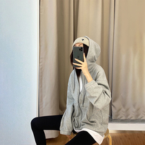 Ayi lazy wind gray sweater female spring and autumn Joker thin new loose casual zipper hooded jacket