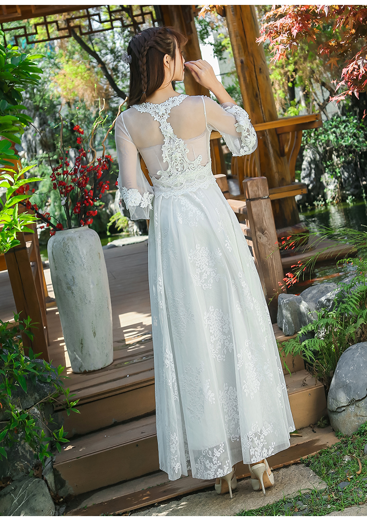 外贸女装现货 春季新款白色网纱连衣长裙蕾丝海边渡假连衣裙