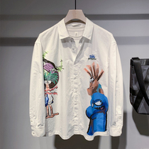 Tlinlu Japanese trendy brand funny cartoon printed long-sleeved shirt mens spring youth loose casual shirt handsome