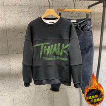 22 autumn and winter plus velvet splicing letters loose round neck sweater Korean style casual American style youth velvet jacket trendy men