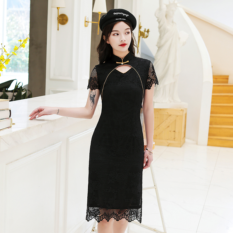 Improved version of cheongsam skirt women's 2020 summer new black lace mid-length dress girl self-cultivation young model