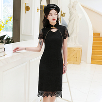 Improved version of the cheongsam skirt womens 2020 summer new black lace medium-long dress girl slim young section