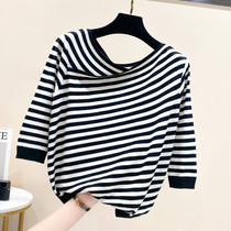 Irregular striped V-collar seven-point sleeve knitwear women spring and summer new T-shirt loose foreign-Air sweater blouse tide tide