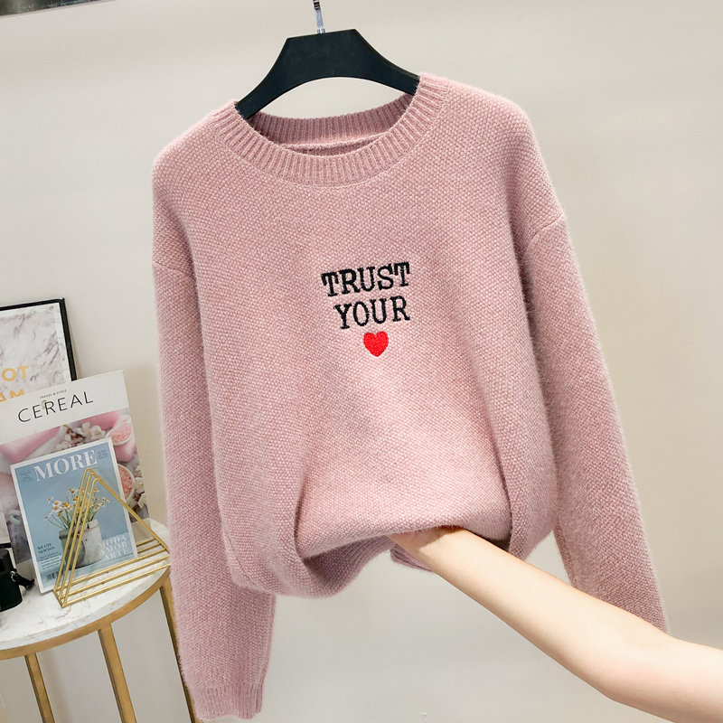 Thick sweater female love embroidery lazy wind loose wear sweater autumn and winter New imitation mink wool coat tide