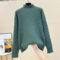 Curled half high collar bead knitted jacket female tide ins grid loose Korean version of women wear lazy sweater