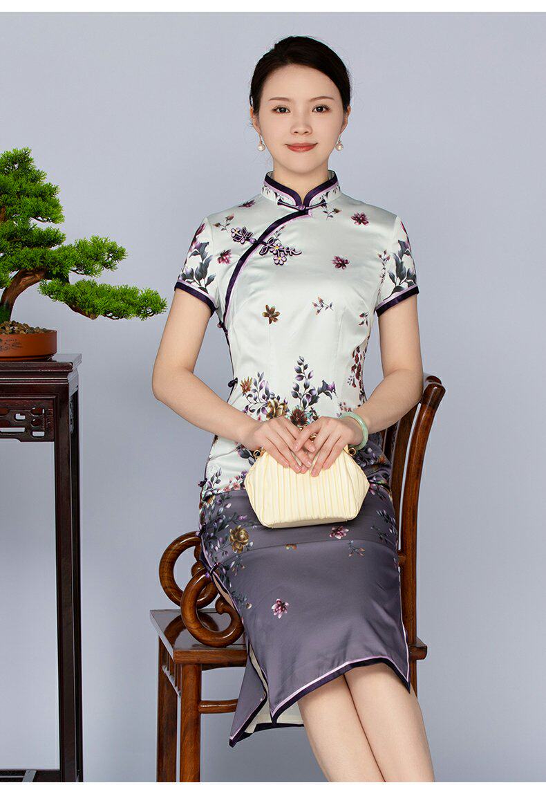 首玺2024新款旗袍高端气质优雅印花连衣裙修身显瘦中长款日常夏季