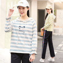 Snow poem love spring and autumn thin clothes striped loose type middle school students hooded long sleeve T-shirt cotton pullover top female